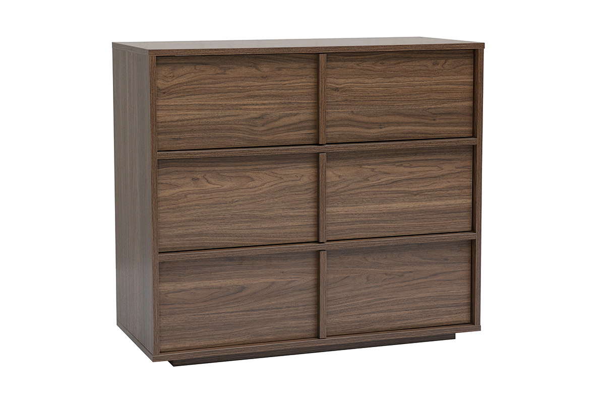 C�moda de madera de nogal oscuro L90 cm con 3 cajones, vista en 3/4.