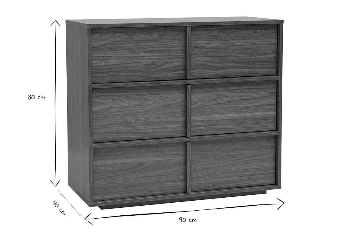 Dimensions de la c�moda de madera oscura L90 x P40 x H80 cm en negro y blanco