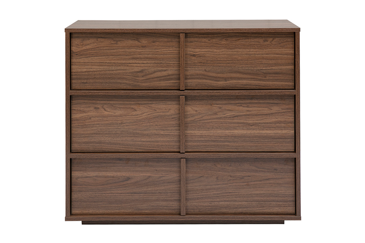 C�moda de madera de nogal oscuro con 3 cajones, vista frontal.