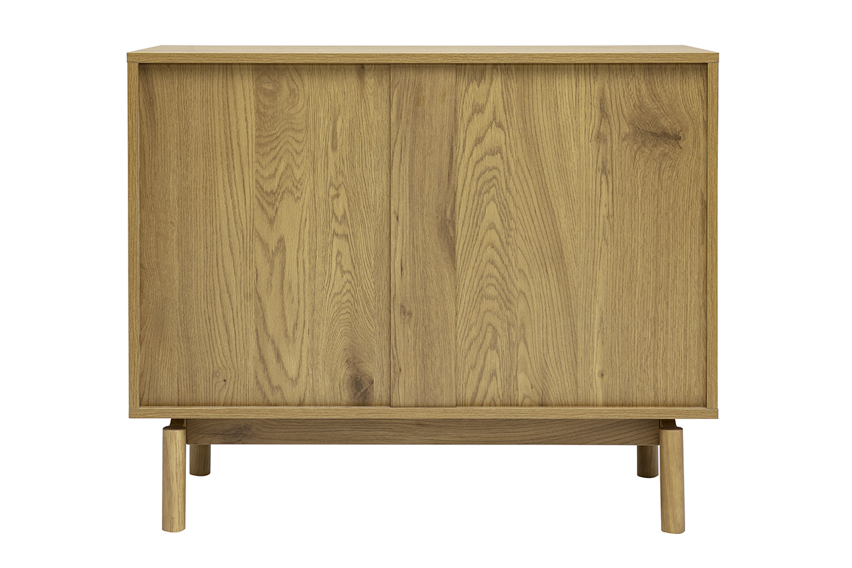 C�moda de madera de roble claro con 3 cajones, vista trasera