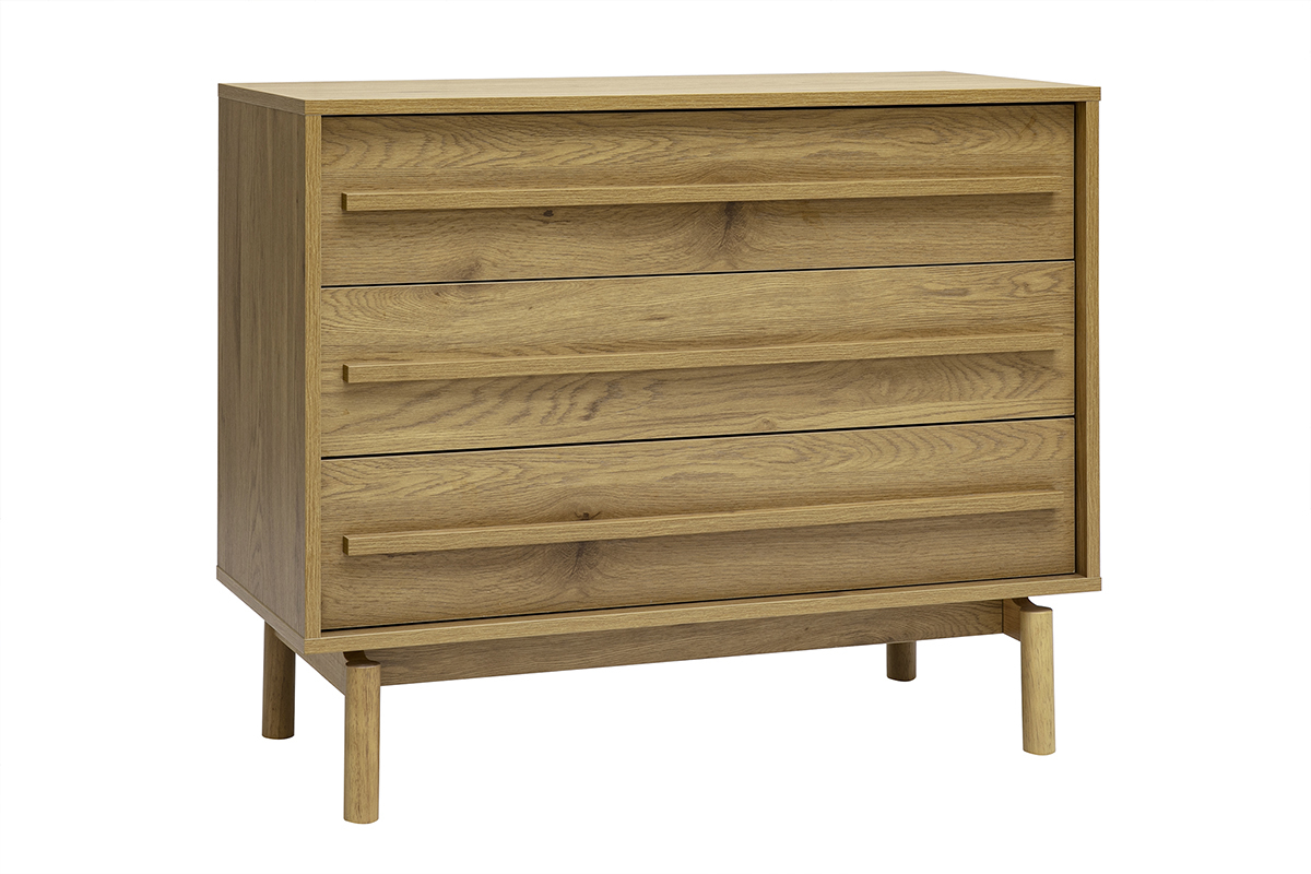 C�moda de madera de roble claro, 3 cajones, vista en 3/4, estilo contempor�neo