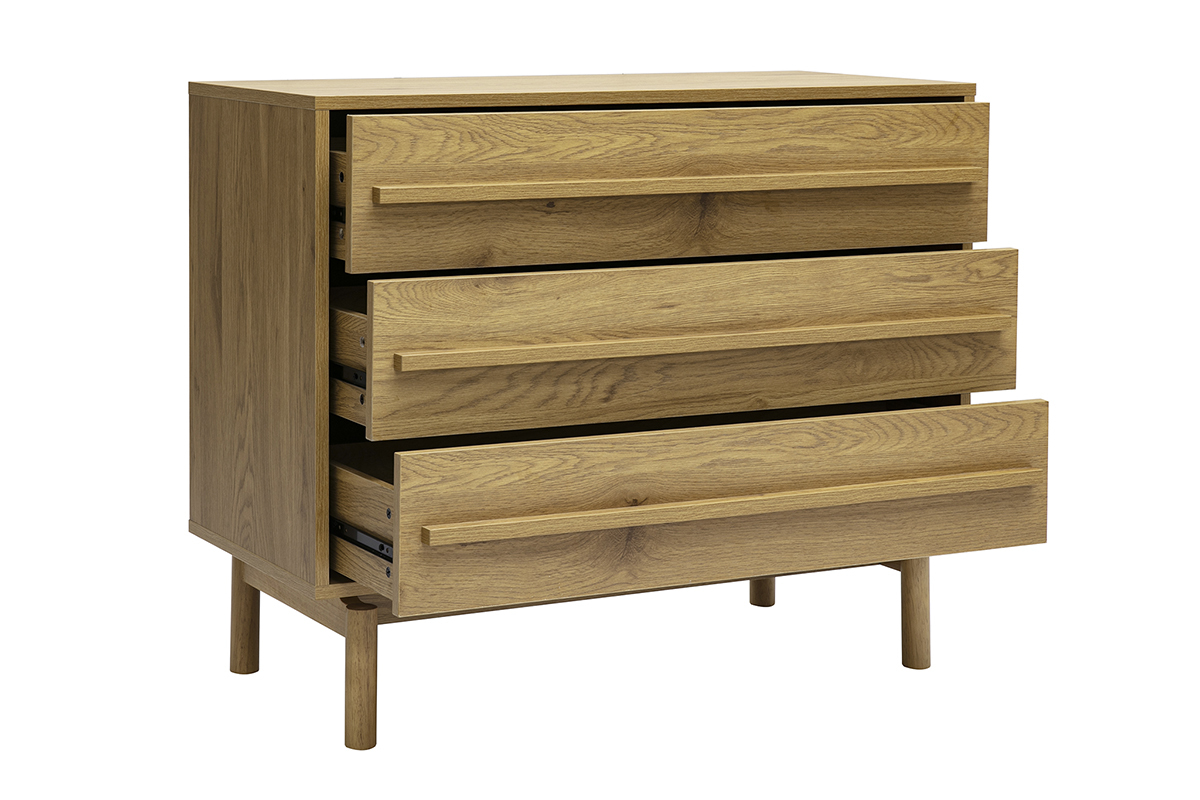 C�moda de madera roble claro con tres cajones, vista en 3/4