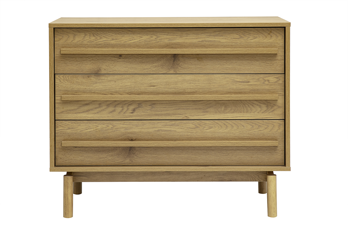 C�moda de madera de roble claro con 3 cajones, vista frontal