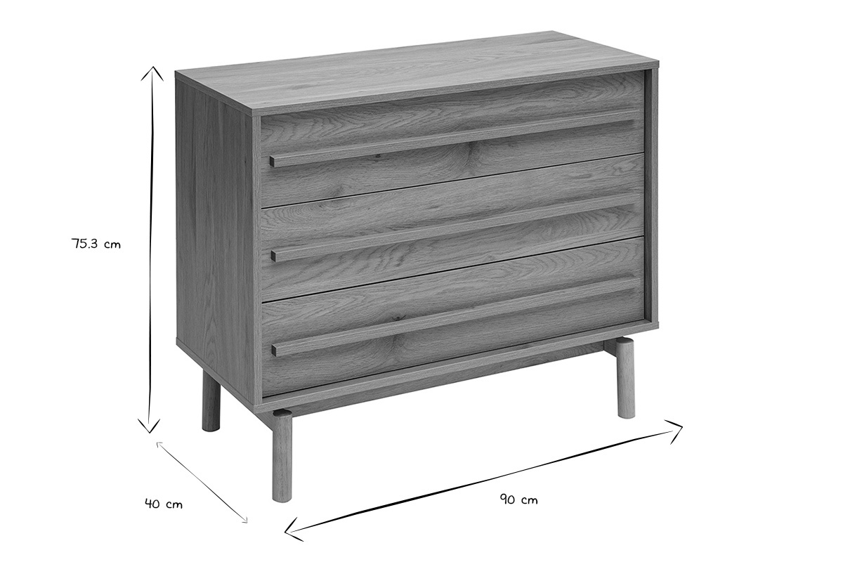 C�moda con acabado en madera de roble, 3 cajones, vista en 3/4 con las dimensiones indicadas en blanco y negro.