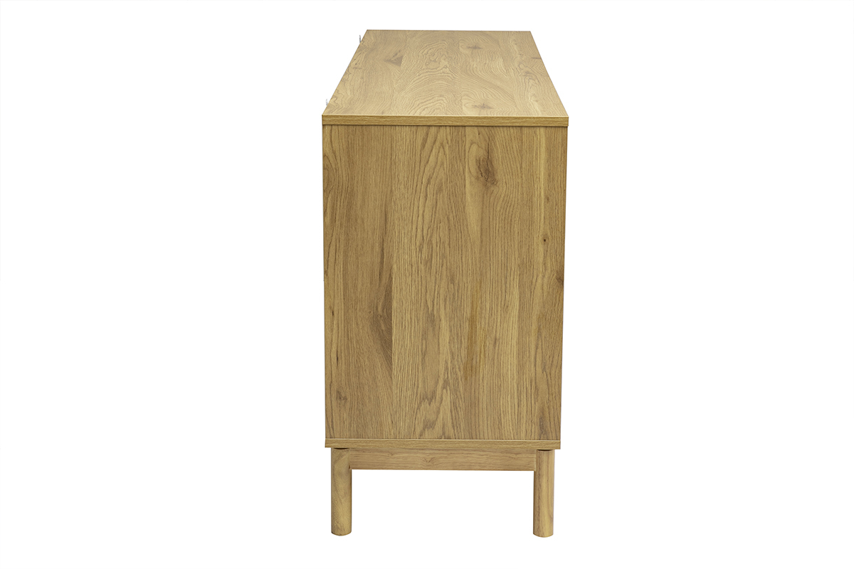 C�moda de madera de roble claro, seis cajones, vista de perfil, dimensiones L140 x P40 x H75.3 cm