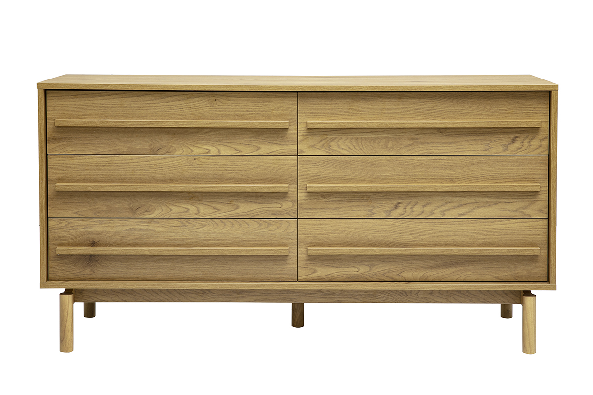 C�moda de madera de roble claro con 6 cajones, vista frontal