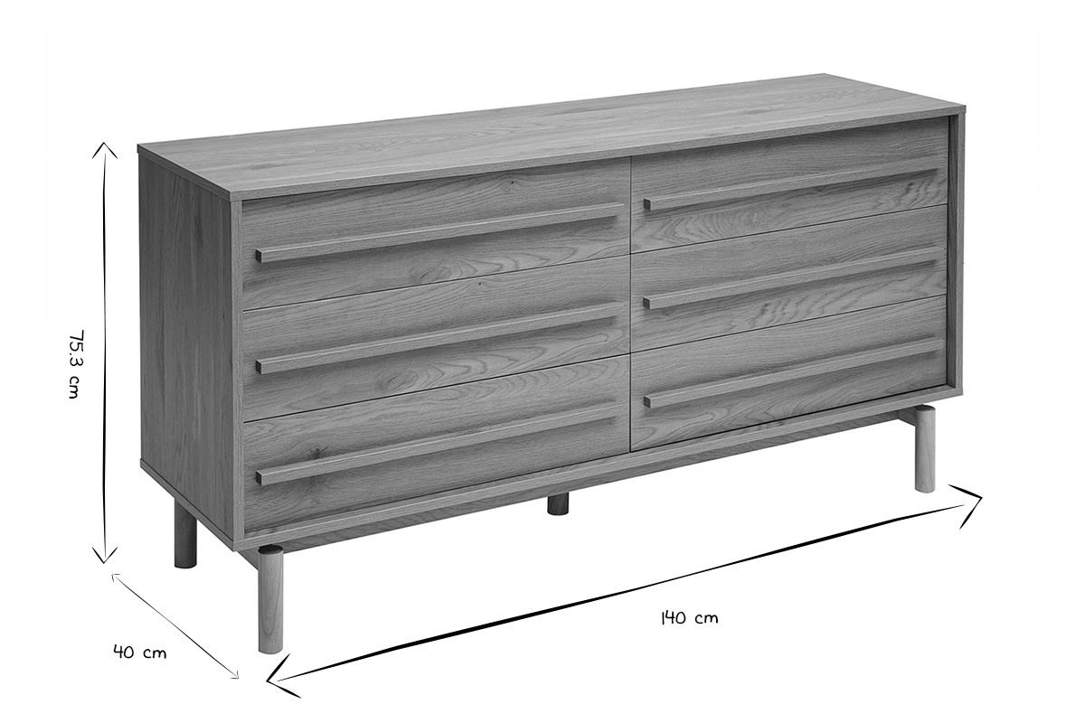 C�moda con acabado en madera de roble en blanco y negro, dimensiones L140 x P40 x H75,3 cm.