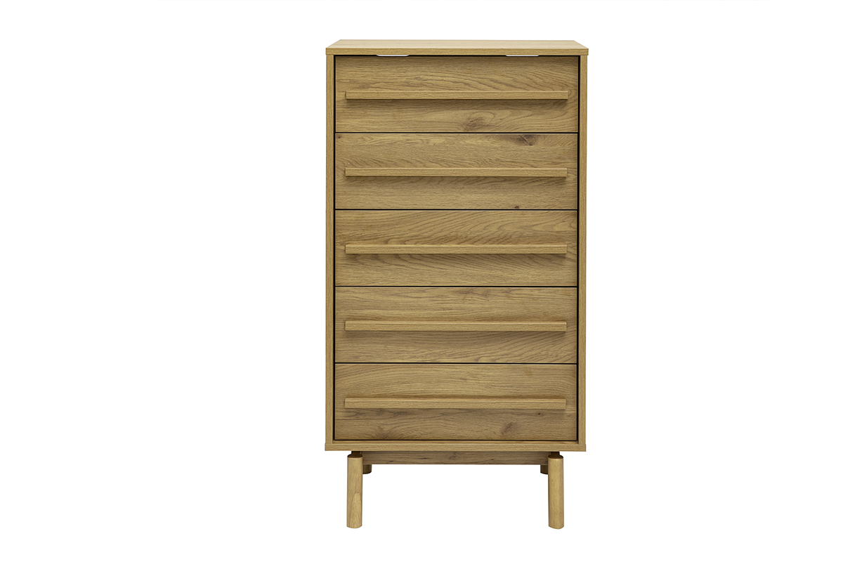 C�moda alta de madera de roble con 5 cajones, vista frontal, dimensiones An60 x Pr40 x Al111.3 cm