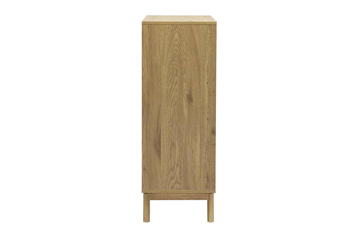 C�moda alta de madera de roble, vista de perfil, con 5 cajones y patas de madera maciza.