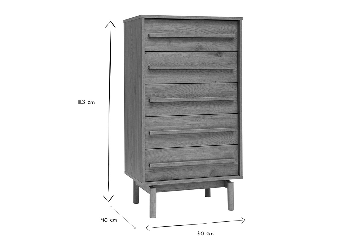 Dimensiones de la c�moda alta YSEULT en blanco y negro: H111.3 cm, L60 cm, P40 cm.