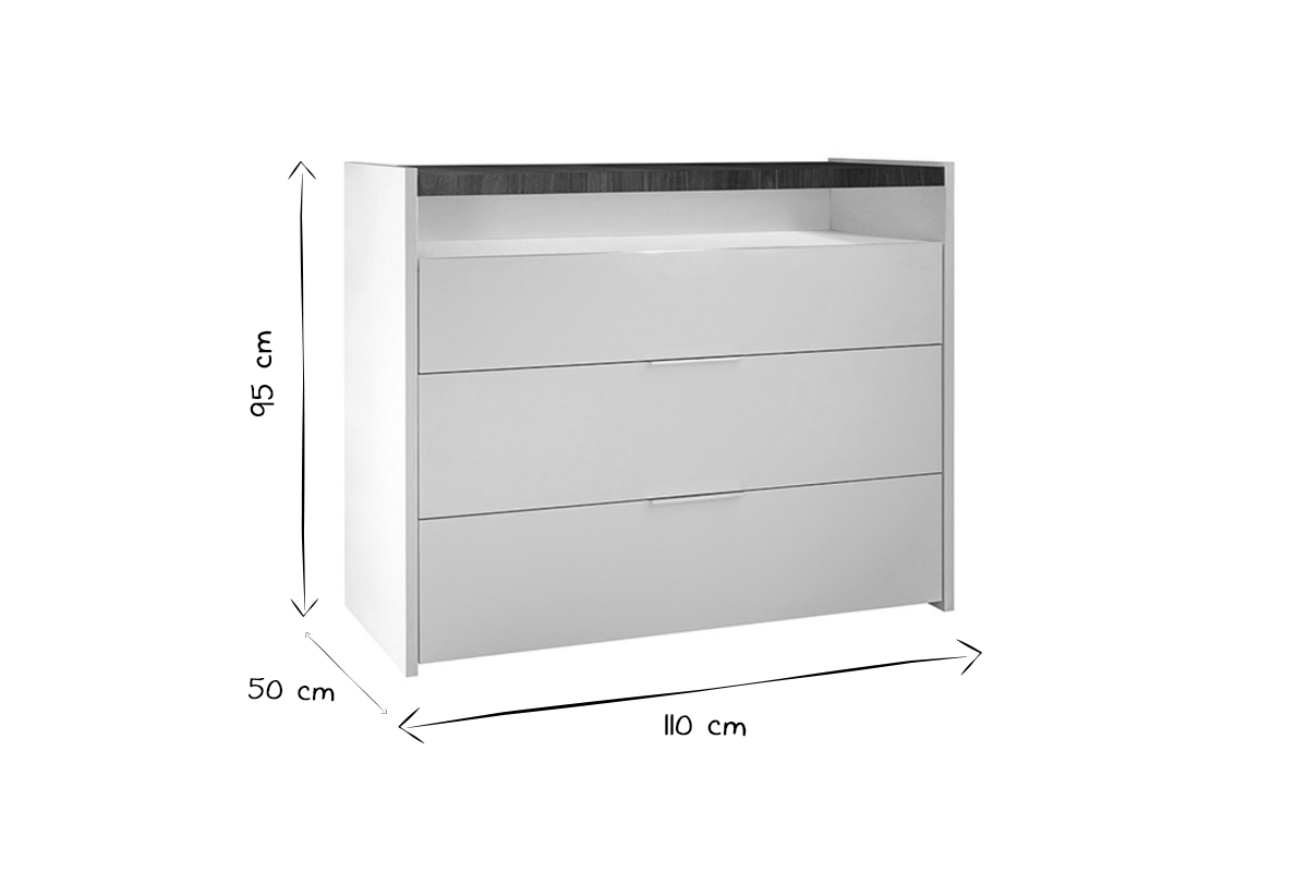 Cmoda de 3cajones blanco mate con tablero acabado nogal 110cm VERDI