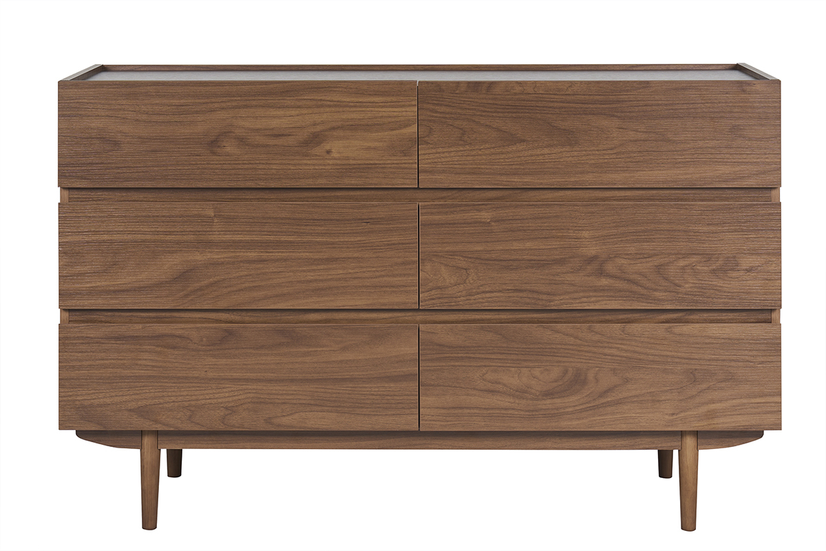 C�moda de madera oscura de nogal con 6 cajones, vista frontal, con patas c�nicas.