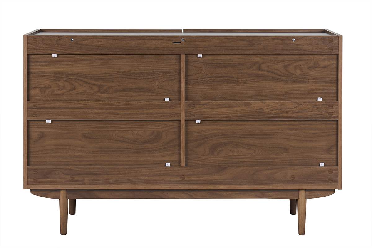 C�moda de madera oscura de nogal, 6 cajones, vista trasera, patas estilizadas.