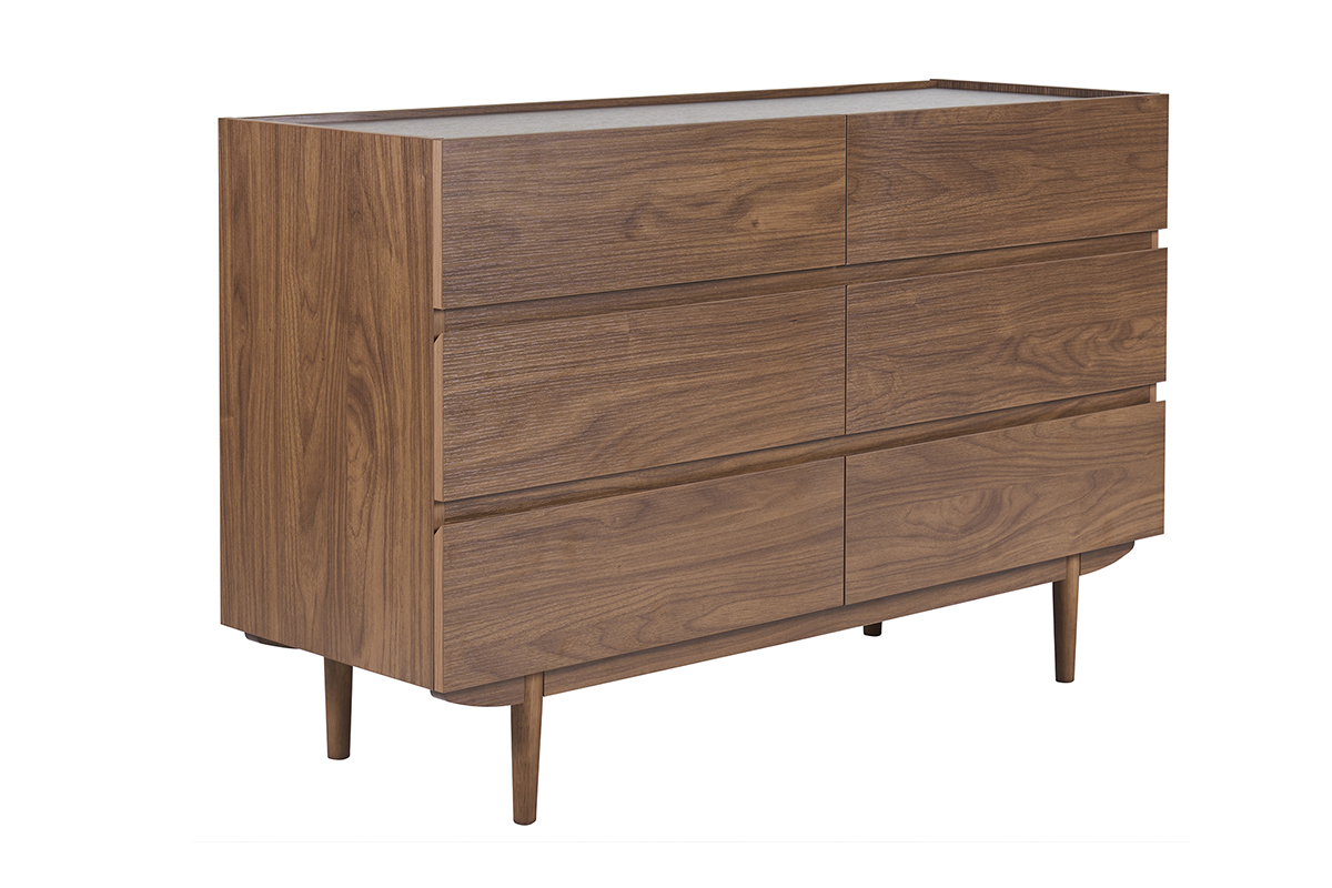 C�moda de madera oscura de nogal con 6 cajones, vista de tres cuartos.