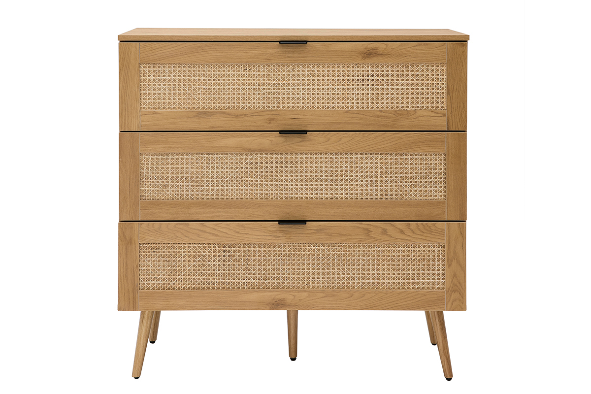 Cmoda de madera clara, mimbre y metal negro con 3 cajones 100 cm MANILLE