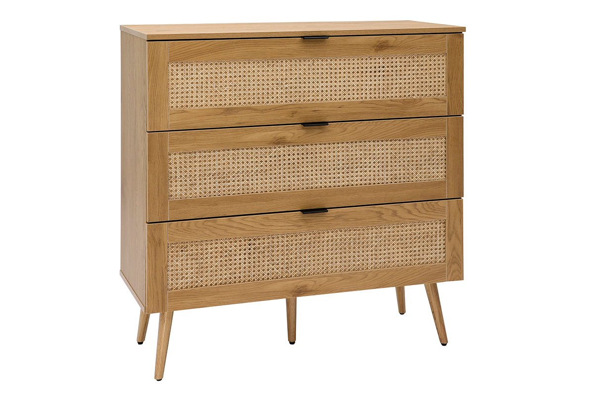 Cmoda de madera clara, mimbre y metal negro con 3 cajones 100 cm MANILLE