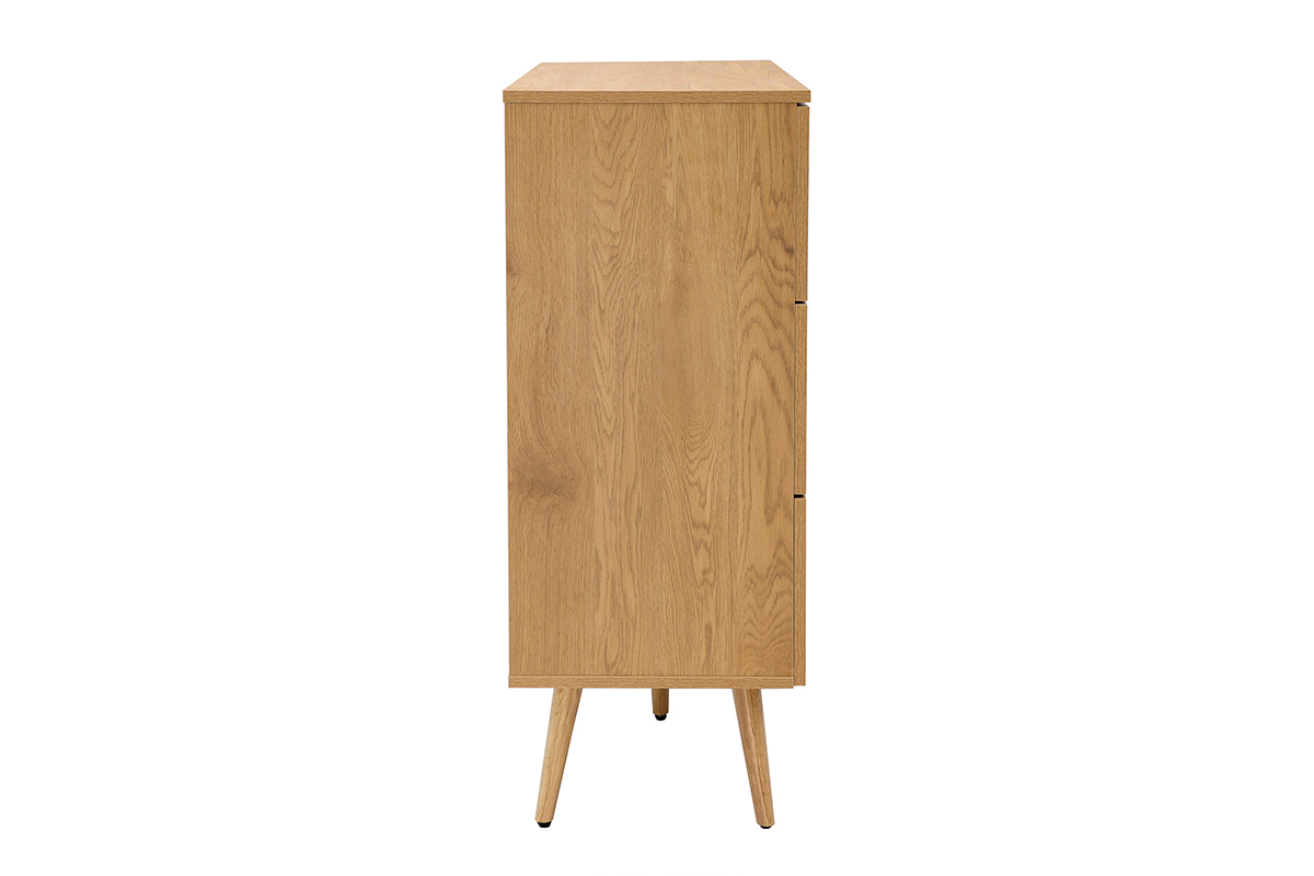 Cmoda de madera clara, mimbre y metal negro con 3 cajones 100 cm MANILLE