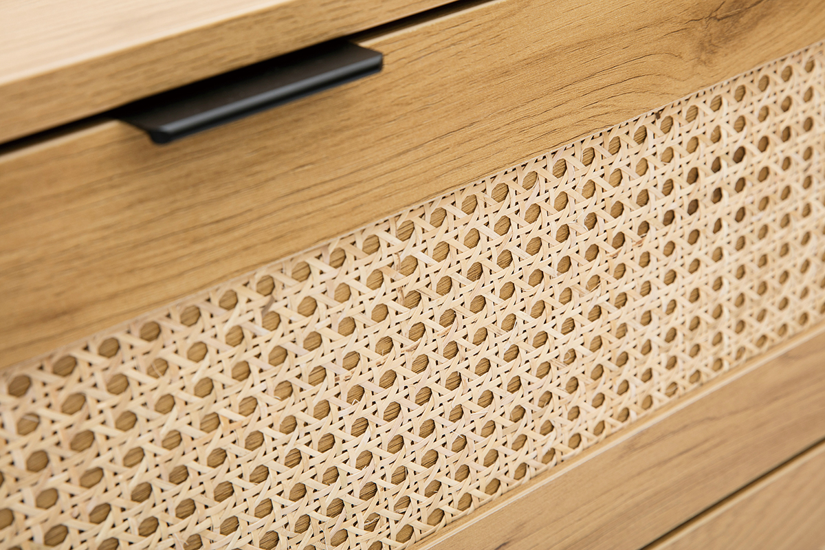 Cmoda de madera clara, mimbre y metal negro con 3 cajones 100 cm MANILLE
