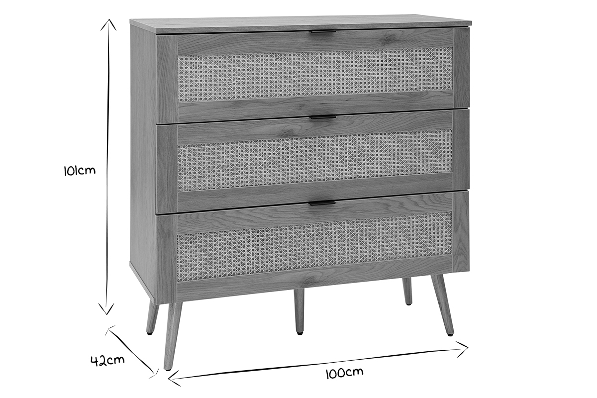 Cmoda de madera clara, mimbre y metal negro con 3 cajones 100 cm MANILLE