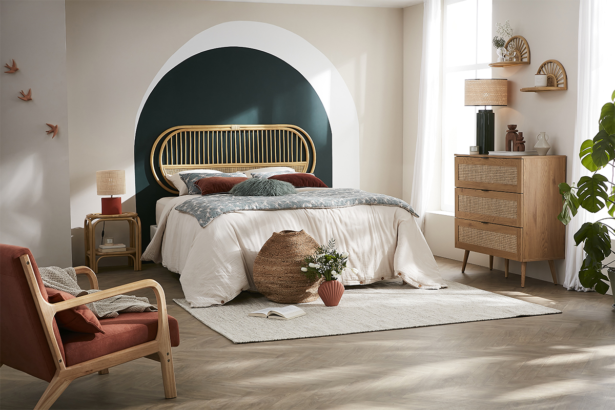Cmoda de madera clara, mimbre y metal negro con 3 cajones 100 cm MANILLE