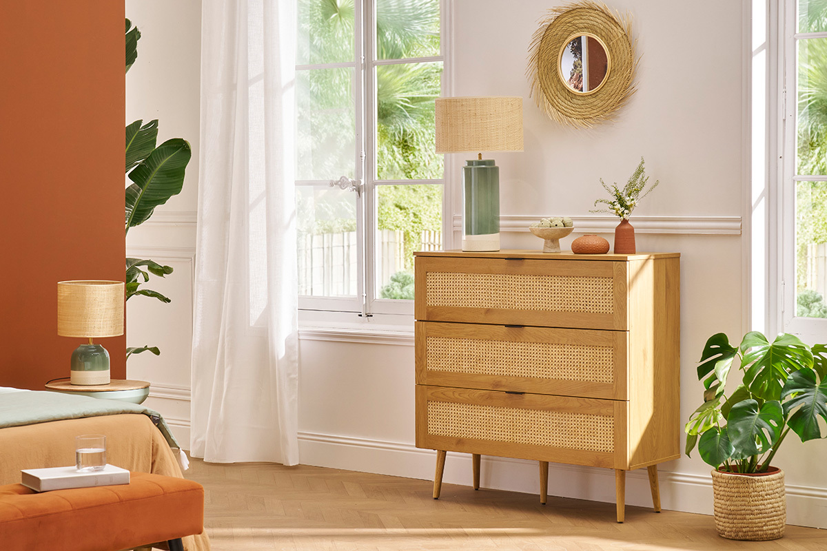 Cmoda de madera clara, mimbre y metal negro con 3 cajones 100 cm MANILLE