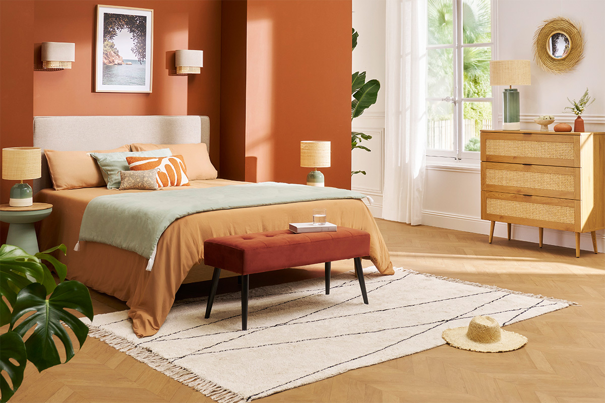 Cmoda de madera clara, mimbre y metal negro con 3 cajones 100 cm MANILLE