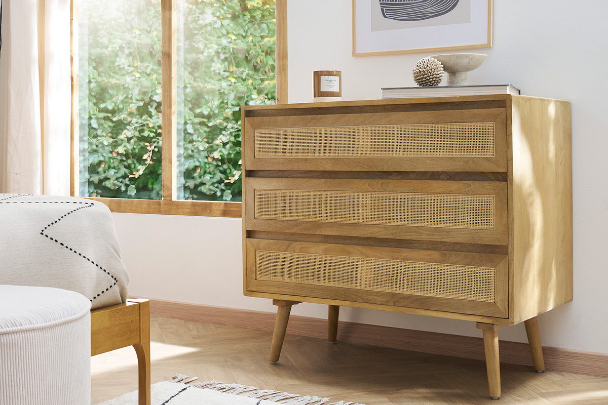 Cmoda de madera maciza de mango y caa de ratn 3 cajones 90 cm ACANGE