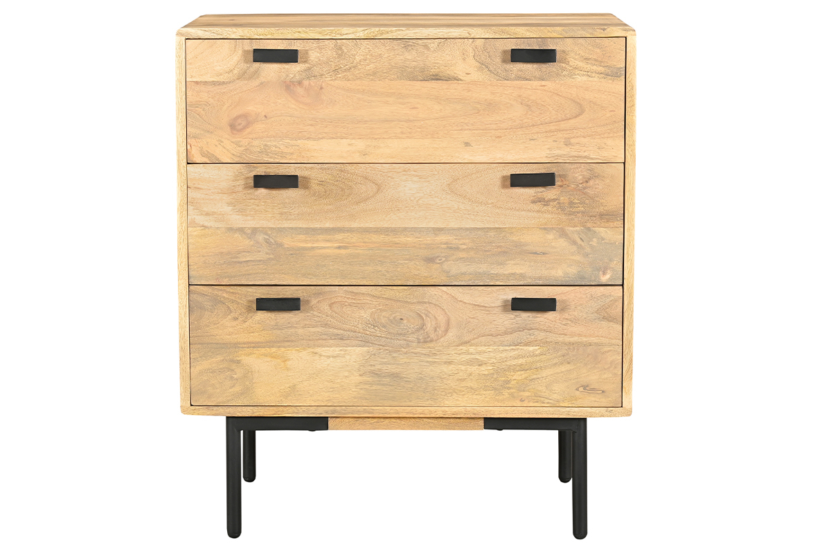 Cmoda de madera maciza de mango y metal negro con 3 cajones 70 cm JUDE