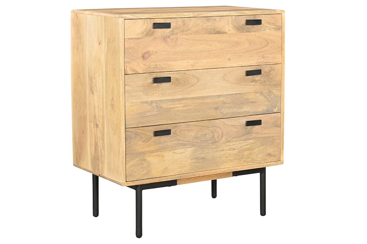 Cmoda de madera maciza de mango y metal negro con 3 cajones 70 cm JUDE