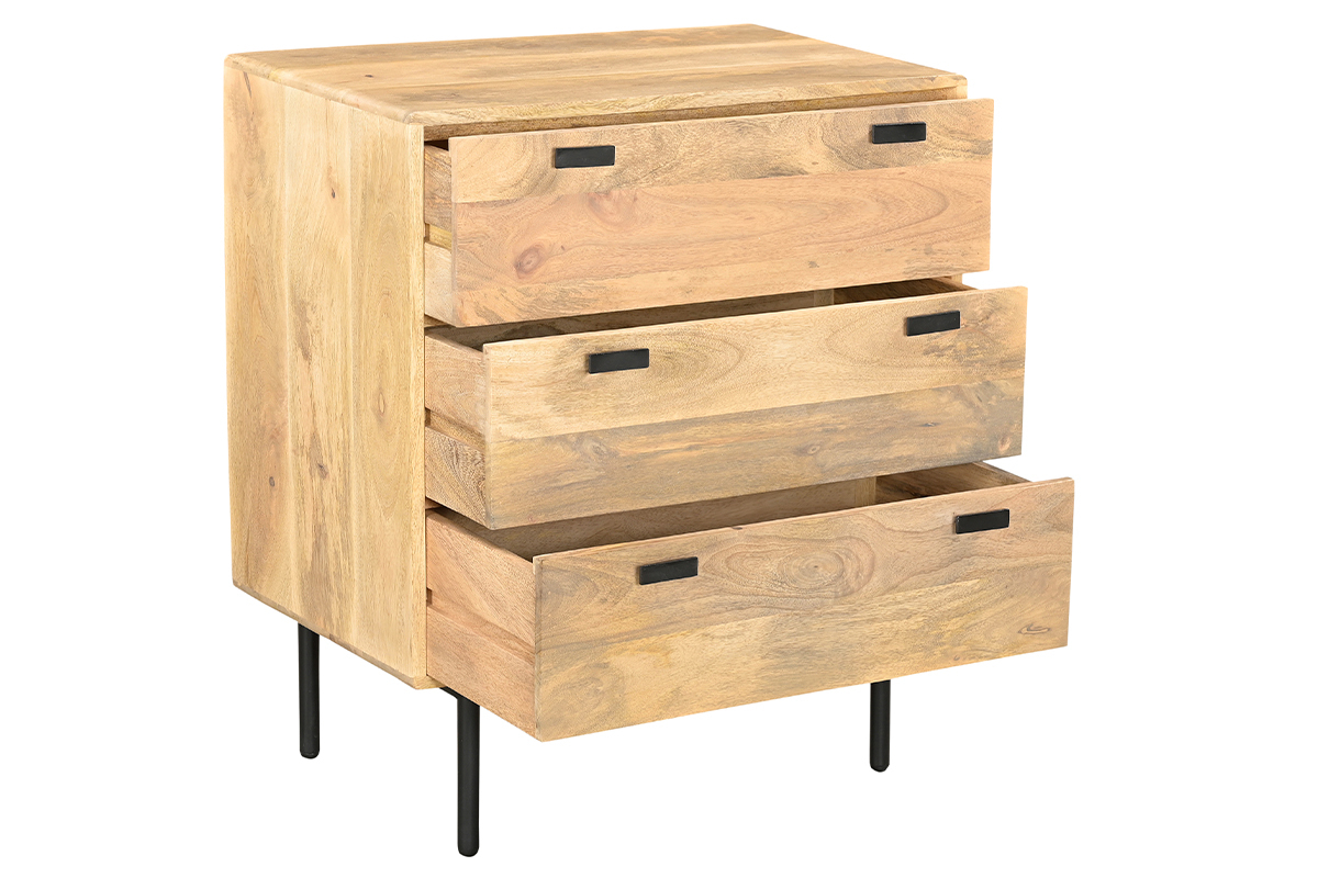 Cmoda de madera maciza de mango y metal negro con 3 cajones 70 cm JUDE