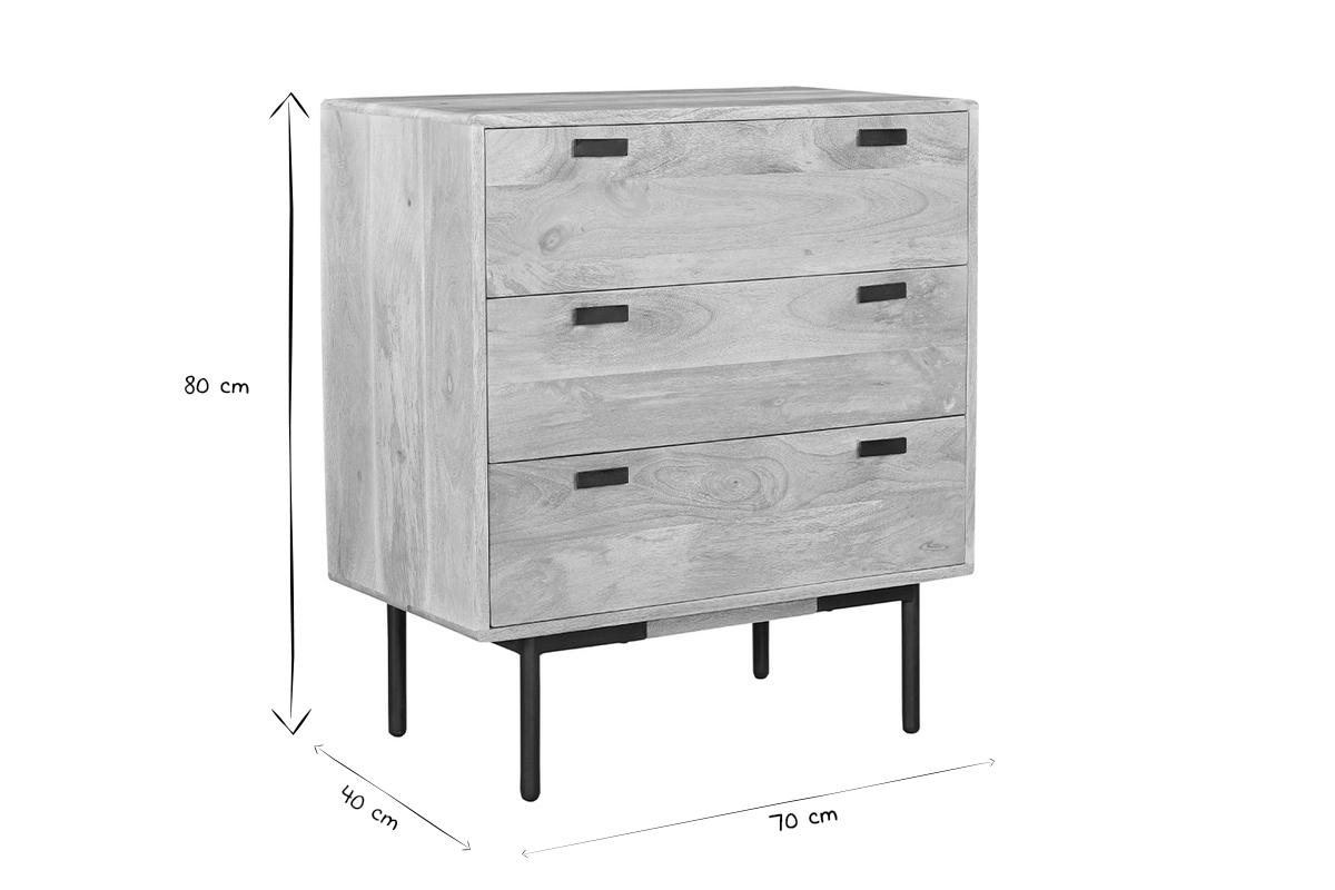 Cmoda de madera maciza de mango y metal negro con 3 cajones 70 cm JUDE