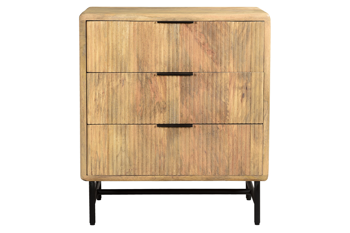 Cmoda de madera maciza de mango y metal negro grabado con 3 cajones 70 cm MORISSON