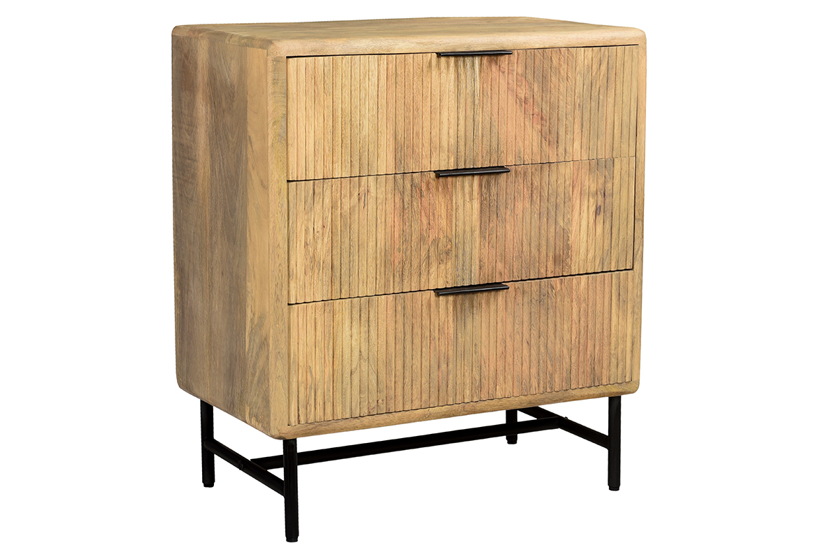 Cmoda de madera maciza de mango y metal negro grabado con 3 cajones 70 cm MORISSON