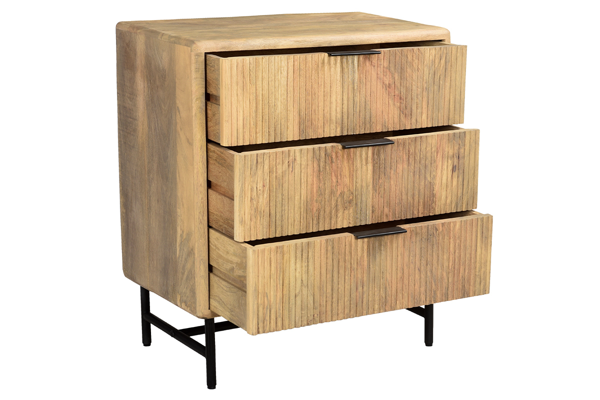 Cmoda de madera maciza de mango y metal negro grabado con 3 cajones 70 cm MORISSON