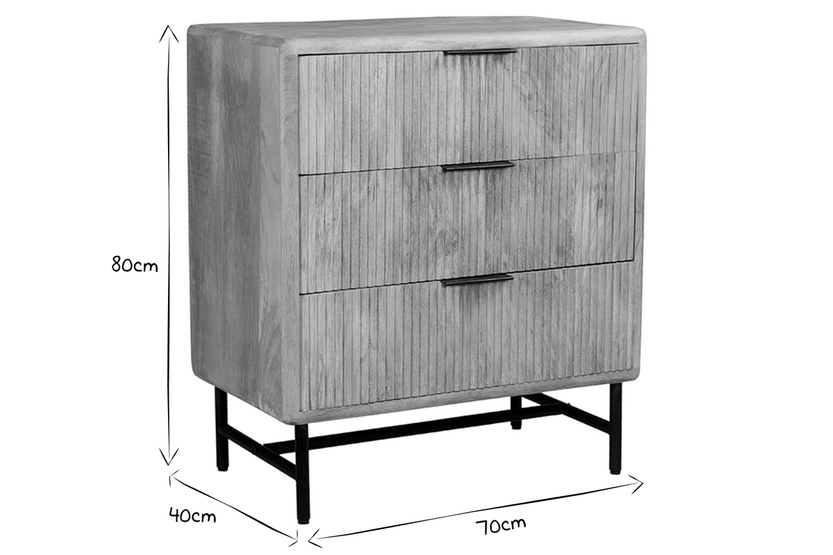Cmoda de madera maciza de mango y metal negro grabado con 3 cajones 70 cm MORISSON