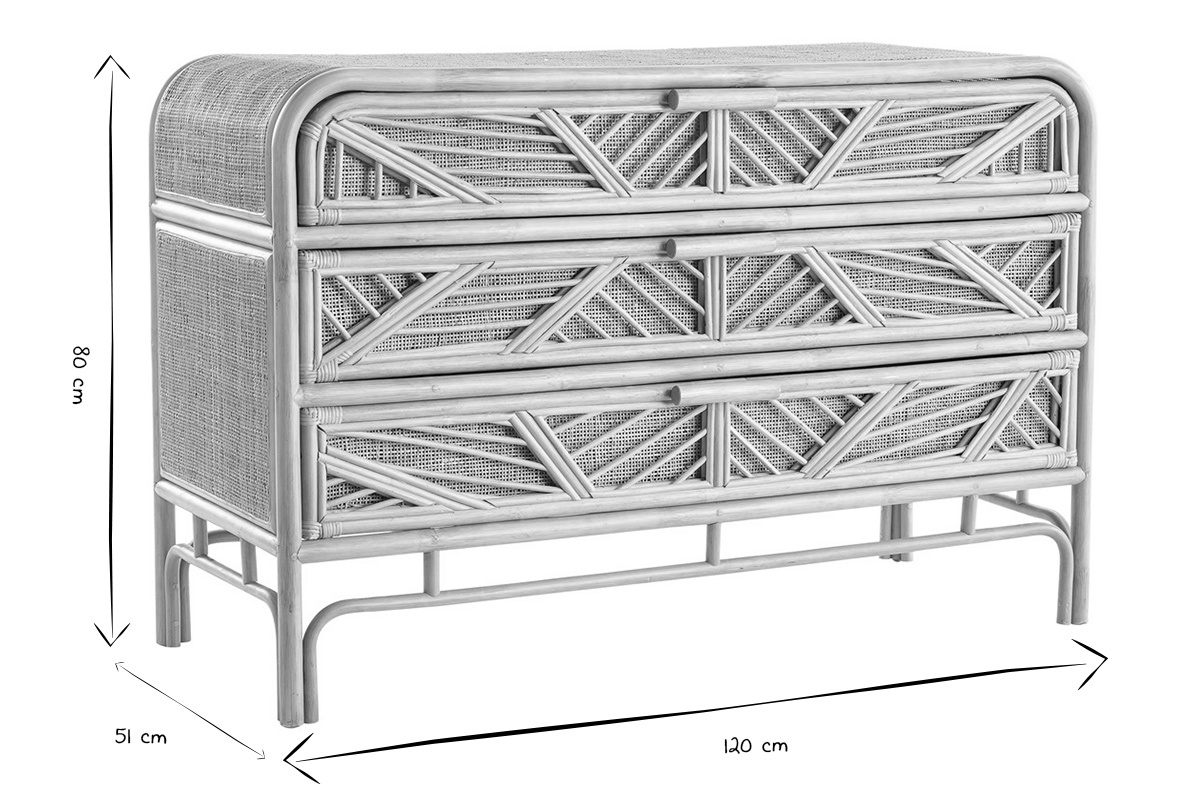 C�moda vintage de rat�n con 3 cajones, dimensiones L120 x P51 x H80 cm, vista de tres cuartos, en blanco y negro.
