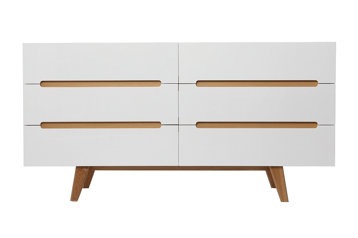 Cmoda escandinava blanco brillante y fresno 6 cajones MELKA