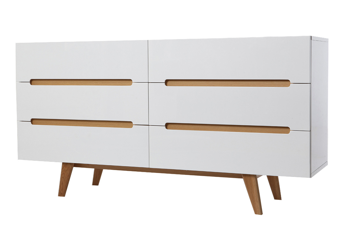 Cmoda escandinava blanco brillante y fresno 6 cajones MELKA