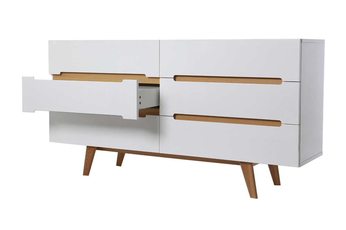 Cmoda escandinava blanco brillante y fresno 6 cajones MELKA
