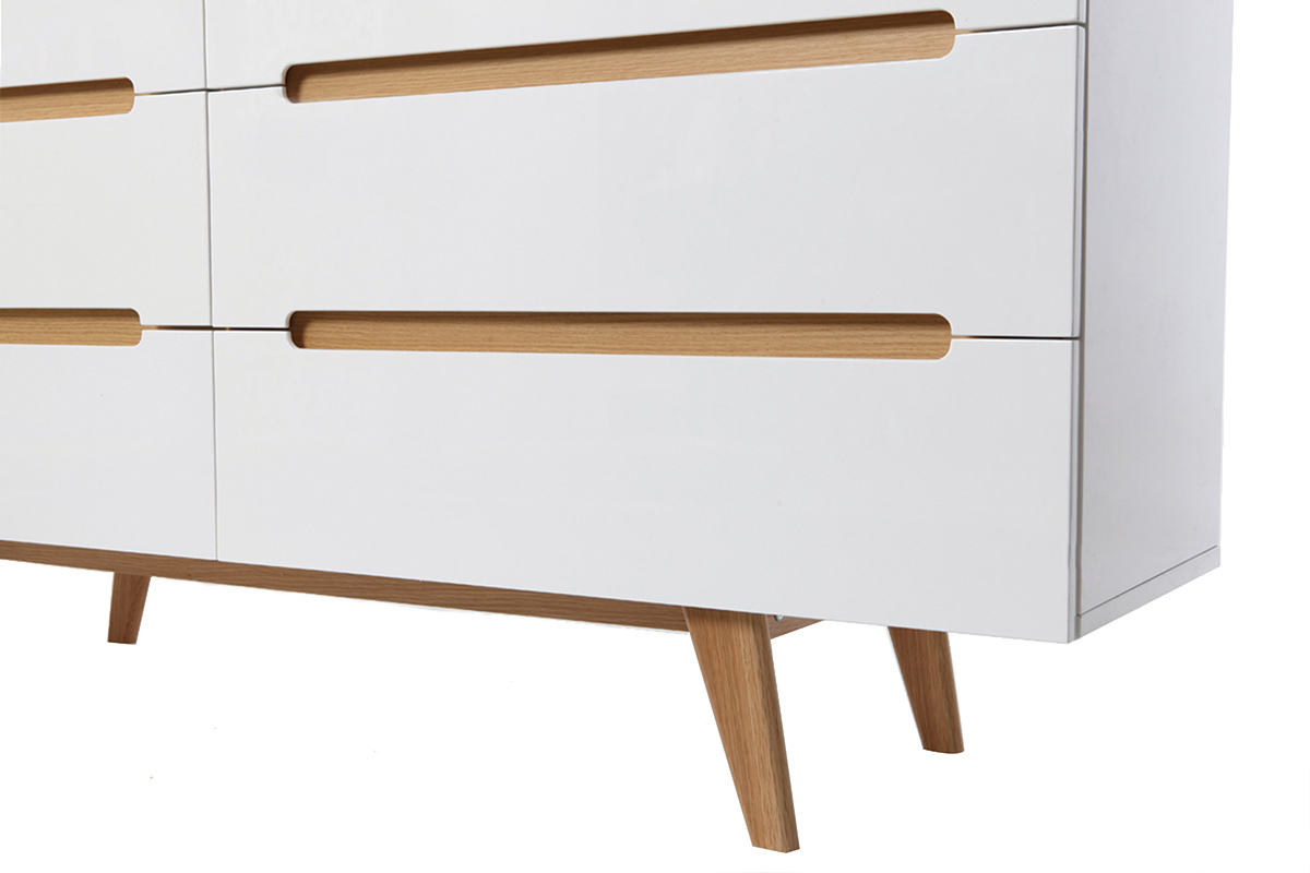 Cmoda escandinava blanco brillante y fresno 6 cajones MELKA