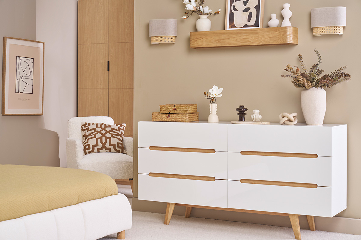Cmoda escandinava blanco brillante y fresno 6 cajones MELKA