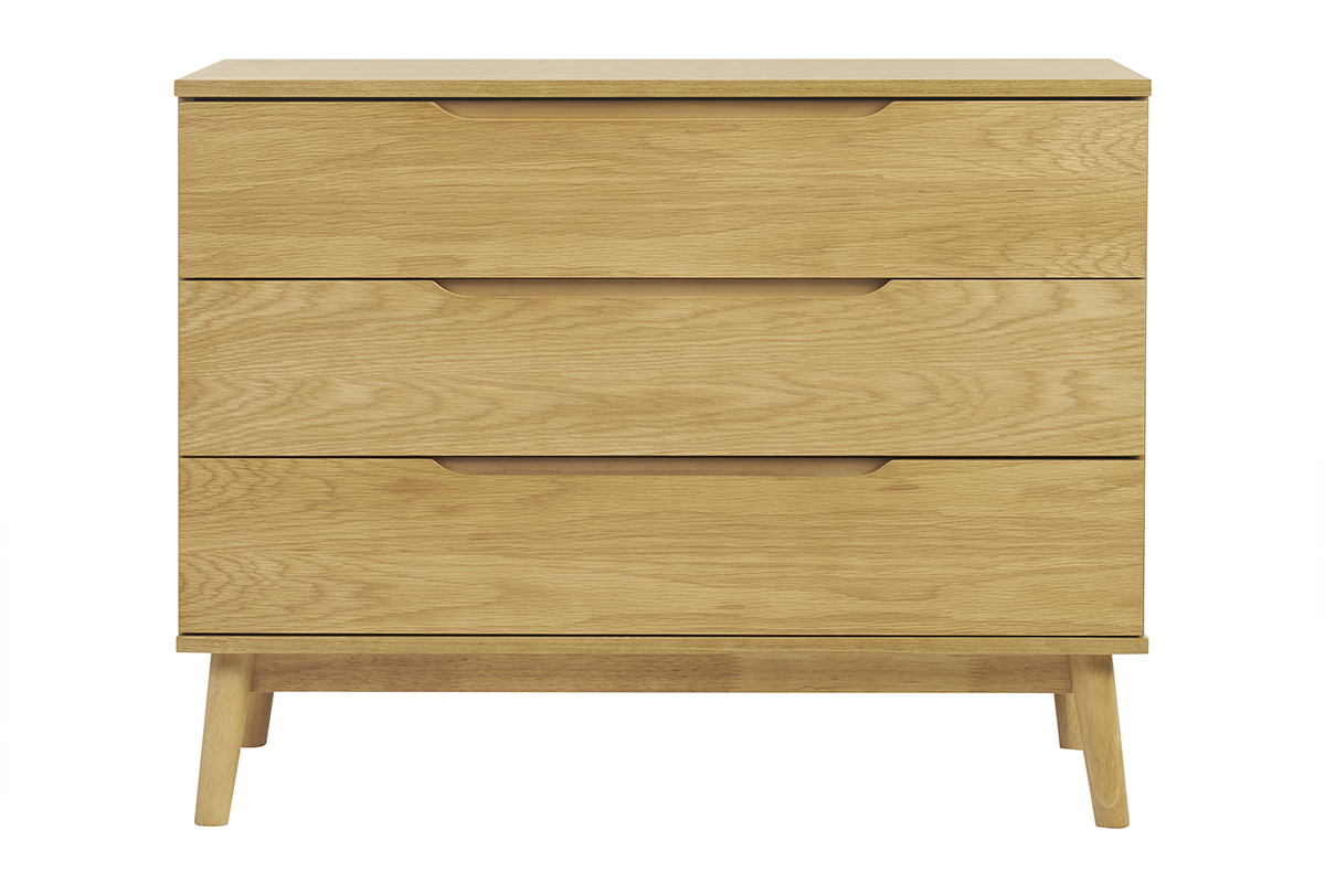 Cmoda escandinava de madera clara de roble con 3 cajones FELIX, vista frontal con tiradores ahuecados.