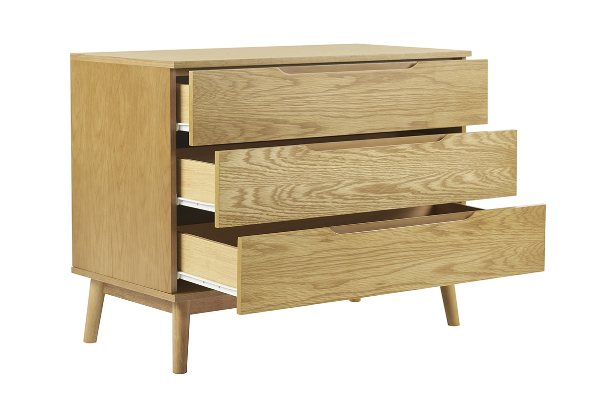 Cmoda escandinava de madera clara, 3 cajones abiertos, vista lateral.