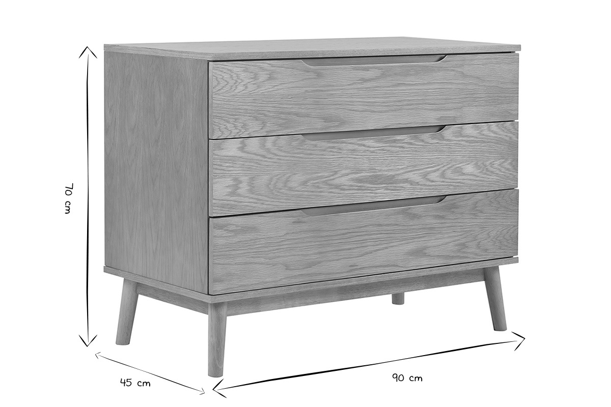 Cmoda escandinava de madera clara, 3 cajones, vista lateral, dimensiones 90x45x70 cm en blanco y negro.