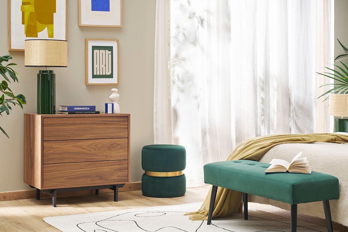 Cmoda vintage con 3cajones de nogal y metal 80,5cm MANNY