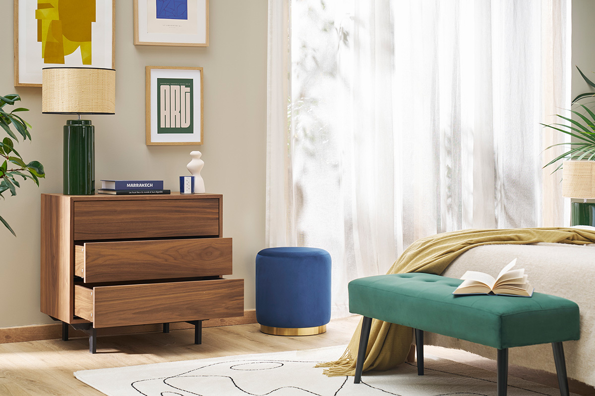 Cmoda vintage con 3cajones de nogal y metal 80,5cm MANNY