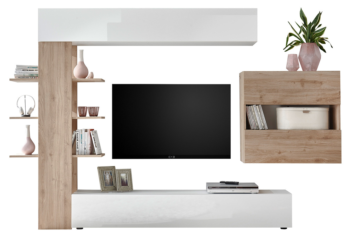Composicin TV de pared acabados madera clara y blanco ETERNEL