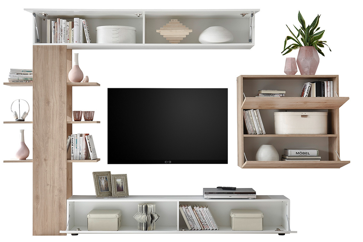 Composicin TV de pared acabados madera clara y blanco ETERNEL