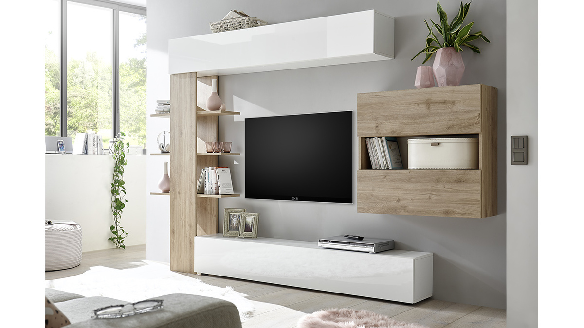 Composicin TV de pared acabados madera clara y blanco ETERNEL