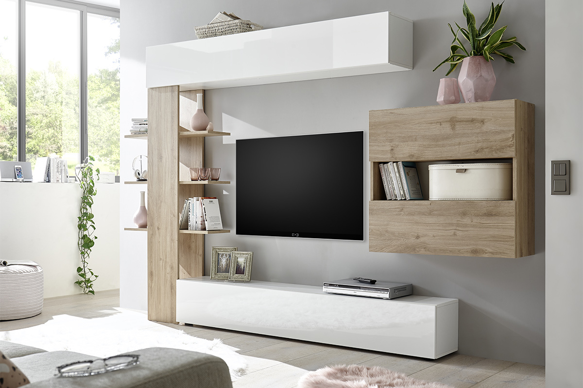 Composicin TV de pared acabados madera clara y blanco ETERNEL
